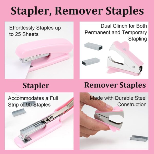 EOOUT 9pcs Pink Office Supplies Set, Pink Desk Accessories, Stapler and Tape Dispenser Set for Women with Staple Remover, Staples, Clips, Scissor and Tabs for Students, Office Clerks - Image 4