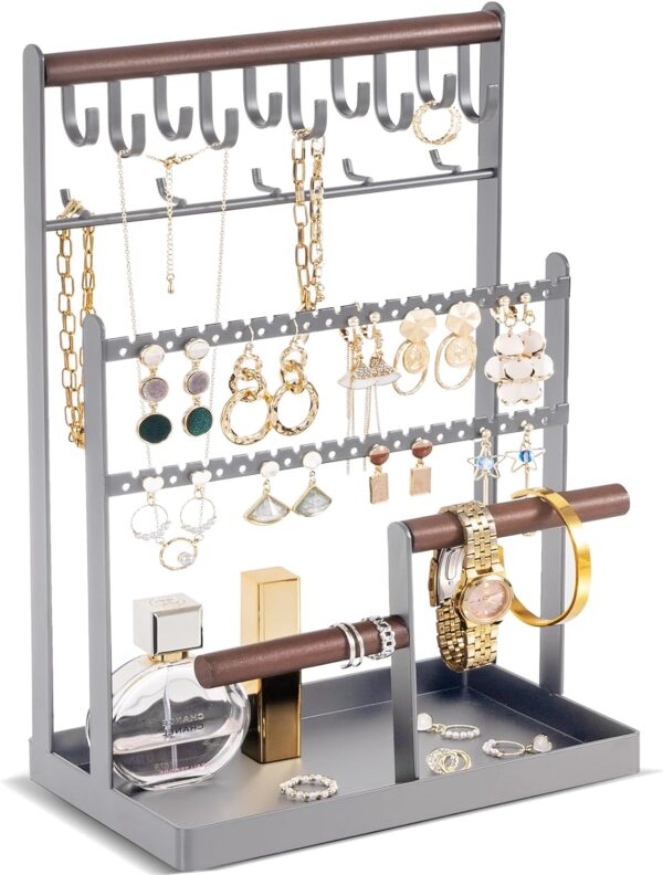 ProCase Jewelry Organizer Stand Necklace Organizer Earring Holder, 6 Tier Jewelry Stand Necklace Holder with 15 Hooks, Jewelry Tower Display Rack Storage Tree for Bracelets Earrings Rings -Grey