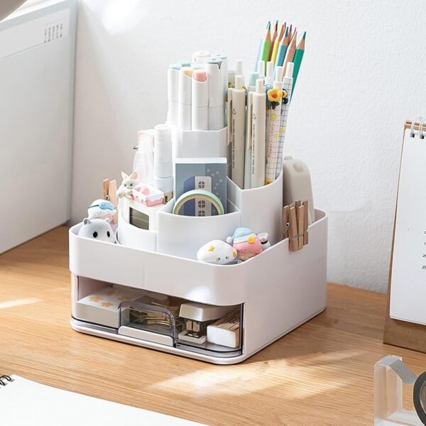 Agirlvct Desk Pencil Pen Holder,11 Slots Desk Organizers with Drawer, 360 Degree Spinning Desktop Storage Stationery Supplies,Cute Cup Pot for Office, School, Art Supply, Kids Art Room-White