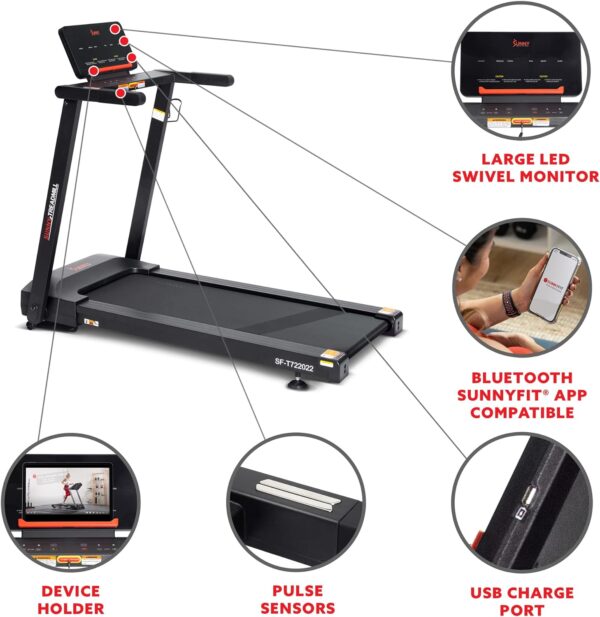 Sunny Health & Fitness Interactive Slim Folding Treadmill with Advanced Brushless Technology, Enhanced Stabilization - Image 3