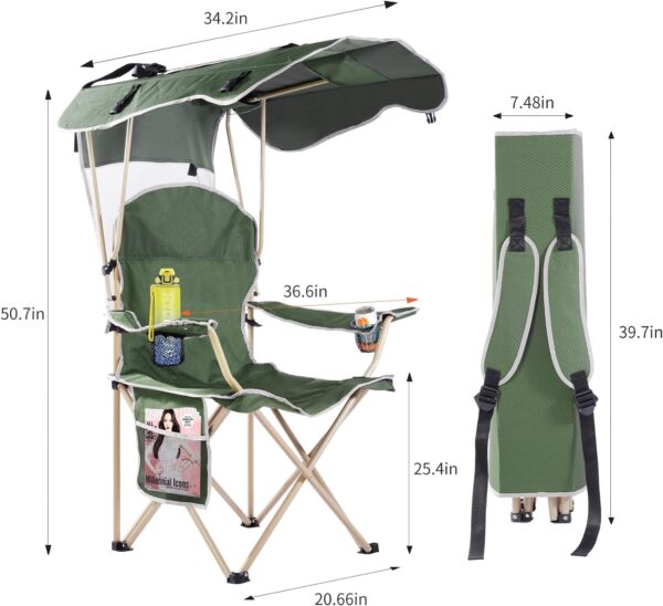 VTOY(50”Hx36”W Lawn Chairs，Camping Chair with Canopy Foldable W/Sun Shade for for Beach Camping Folding Outdoor Fishing/Sports|with Two Cup Holder and Storage Bag. - Image 2