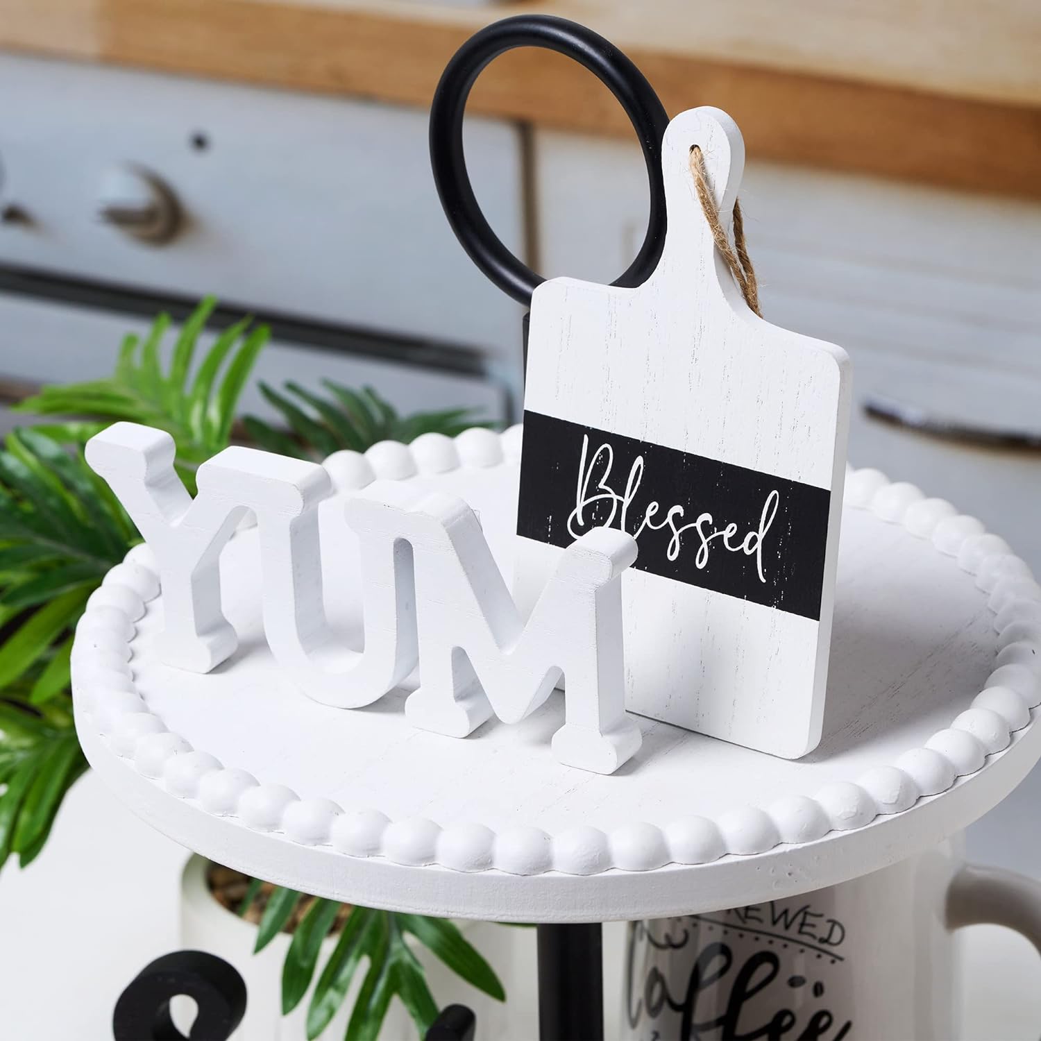 GENMOUS Farmhouse Kitchen Tiered Tray Decor Items Mini Set, Rustic Black and White Kitchen Counter Decor, Two Tiered Tray Kitchen Decor Set for Home Kitchen Dining Room Table Decoration - Image 8