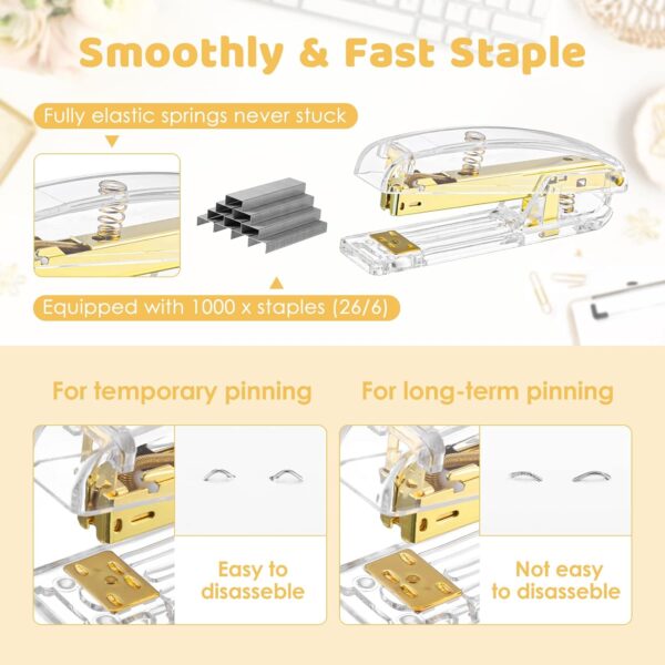 Aibocn Gold Desk Accessories, Office Supplies, Acrylic Stapler, Staple Remover, Tape Holder, Pen Holder, 1000pcs Staples, Diamond Pen, Phone Holder, Scissors, Binder Clips and Ruler, Transparent Glue - Image 3