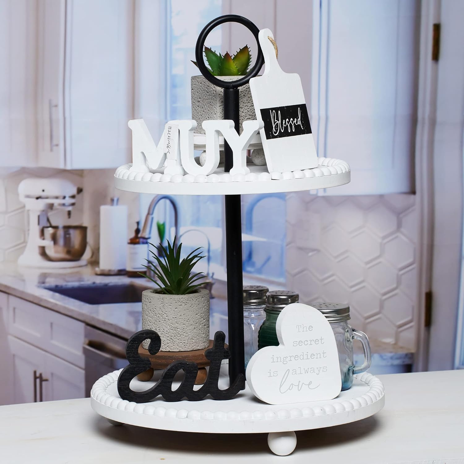 GENMOUS Farmhouse Kitchen Tiered Tray Decor Items Mini Set, Rustic Black and White Kitchen Counter Decor, Two Tiered Tray Kitchen Decor Set for Home Kitchen Dining Room Table Decoration - Image 5
