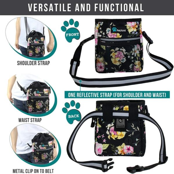 PetAmi Dog Treat Pouch, Pet Treat Pouch for Training, Dog Walking Bag Holder for Kibbles, Pet Food Toy, Dog Trainer Essentials Supplies, Poop Bag Dispenser, 3 Ways to Wear (Floral Black) - Image 4