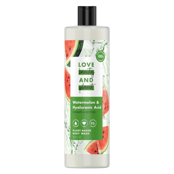 Love Beauty and Planet Plant-Based Body Wash Hydrate and Restore Skin Watermelon and Hyaluronic Acid Made with Plant-Based Cleansers and Skin Care Ingredients, 100% Biodegradable 20 fl oz