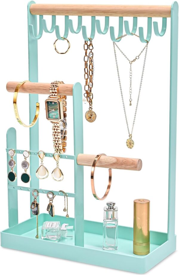 ProCase Jewelry Organizer Jewelry Stand Jewelry Holder Organizer, 4-Tier Necklace Organizer with Ring Tray, Small Cute Aesthetic Jewelry Tower Storage Rack Tree for Bracelets Earrings Rings -Aqua