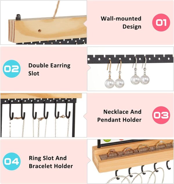 Hanging Jewelry Organizer, 6-Tier Wall Earring Holder with Wooden Ring Groove, Jewelry Rack Wall Mounted for Earrings, Necklaces, Bracelets and Rings, Jewelry Holder Stand - Image 3