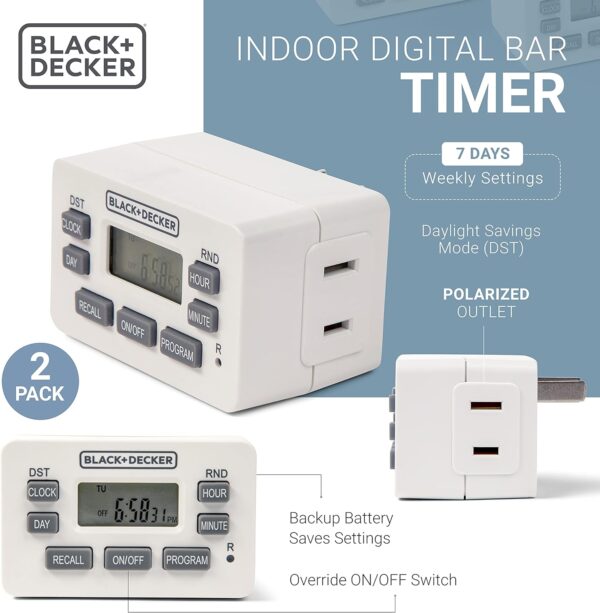 BLACK+DECKER Light Timers, Programmable, Indoor, 2 Pack, with Polarized Outlet - Compact Digital Timer Outlet with Daylight Savings Mode, 7-Day Weekly Settings - Plug Timer for Appliances, Lamps - Image 3