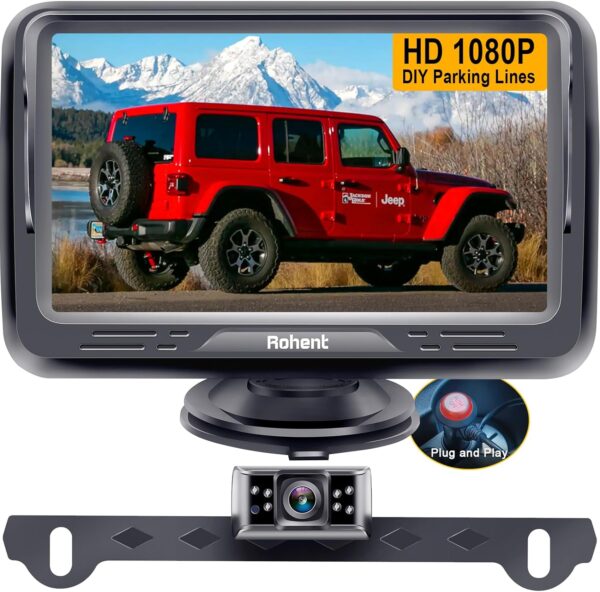 Rohent Backup Camera Monitor HD 1080P Night Vision Waterproof Car Truck License Plate Back Up Rear View Reverse Cam Kit DIY Gridlines R1