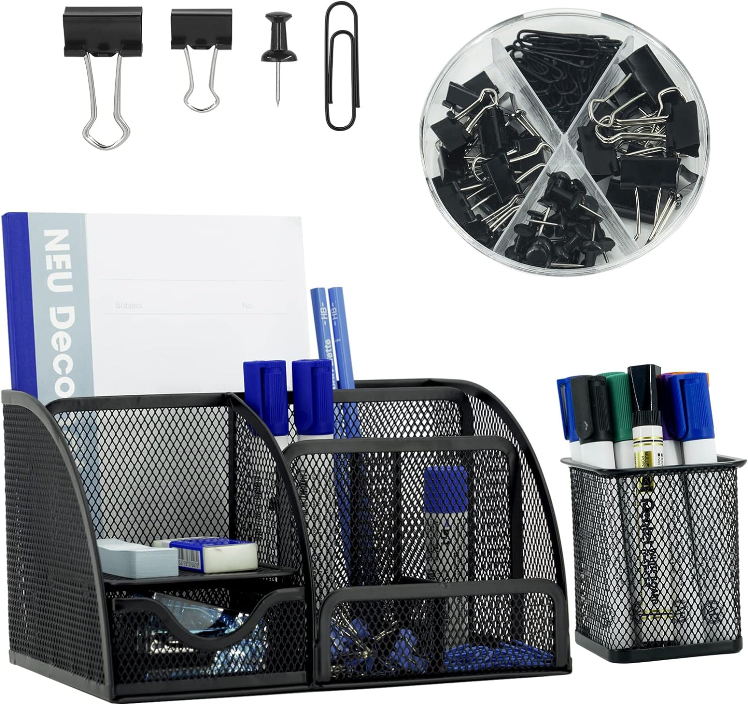 Neudeco Desk Organizers and Accessories, Office Supplies Mesh Desk Organizer Caddy with Drawer 6 Compartments + Pen Holder / 72 Paper Clips Binder Clips Set, Black Desktop Organizer for Home Office