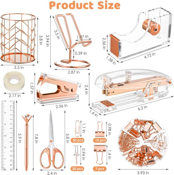 Aibocn Rose Gold Desk Accessories, Office Supplies, Acrylic Stapler, Staple Remover, Tape Holder, Pen 1000pcs Staples, Diamond Pen, Phone Scissors, Binder Clips, Ruler,Transparent Glue - Image 2