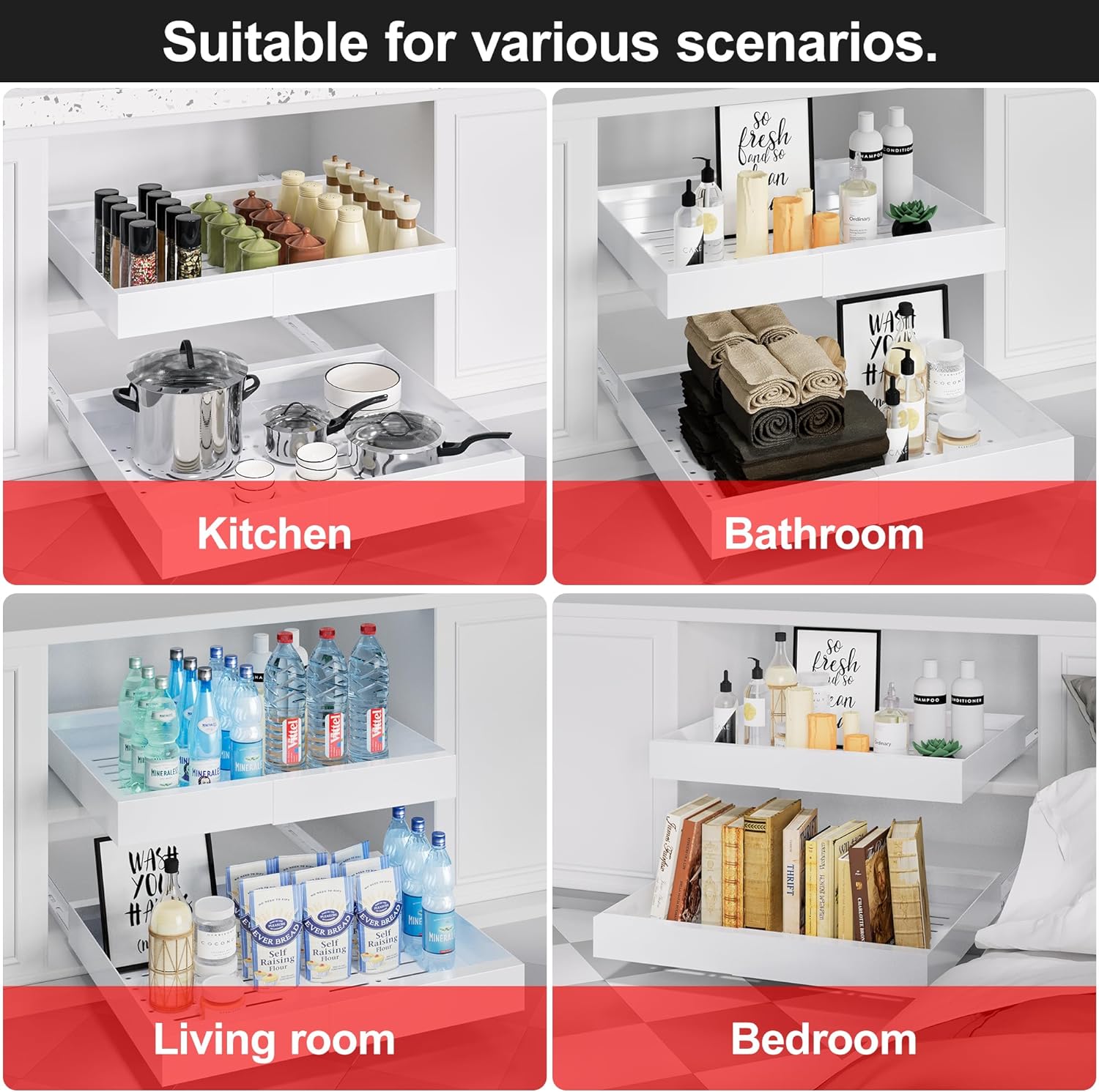 ZGO Pull Out Cabinet Organizer, Expandable(11.5"-19.6") Drawer Organizer, Pot and Pan Organizer for Under Cabinet, Pantry Kitchen Organizers and Storage Pan Organizer Storage Drawers(White, 1PC) - Image 3