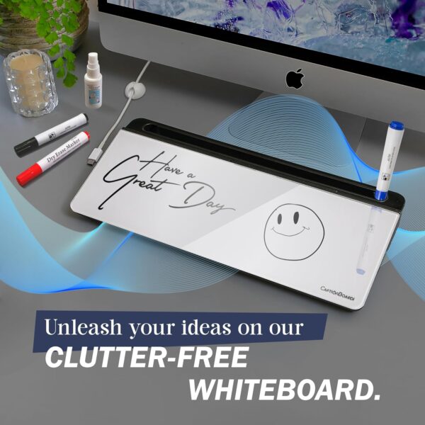 CaptionBoardi Deskboard Glass Whiteboard - 15-Inch Glass Dry Erase Board for Desk with Mobile & Tablet Stand, Office Supplies for Desktop with 3 Colored Markers, Spray Bottle, & Storage -Black & White - Image 4