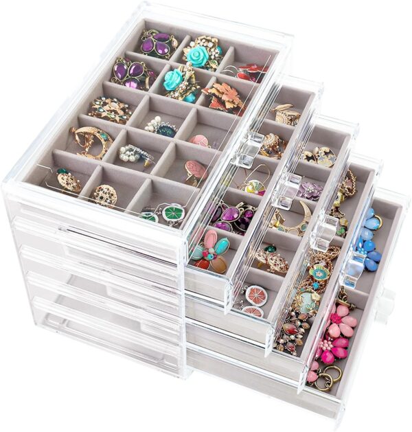 Fixwal Earring Organizer with 5 Drawers, Acrylic Jewelry Organizer, Jewelry Box, Velvet Earring Holder Organizer for Earrings, Ring, Bracelet, Necklace (Gray)