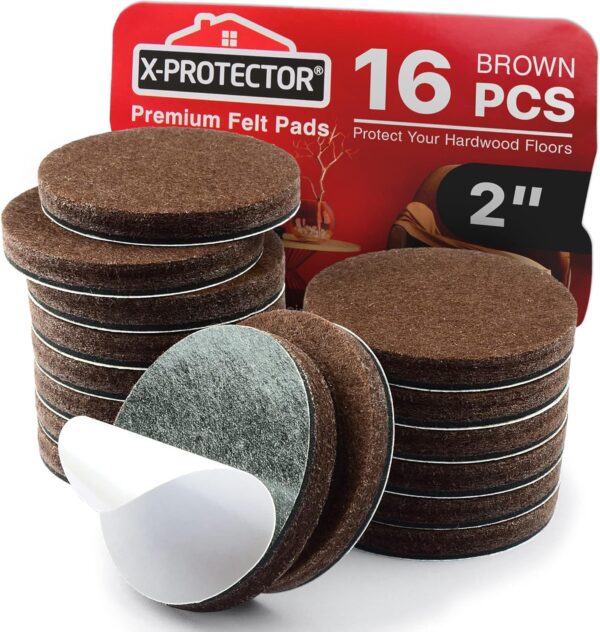 16 Heavy-Duty Felt Furniture Pads 2” 1/4” Thick X-Protector! Round Felt Pads for Furniture Feet - The Best Felt Floor Protectors for Furniture to Prevent Scratches. Protect Your Hard Floor! (Brown)