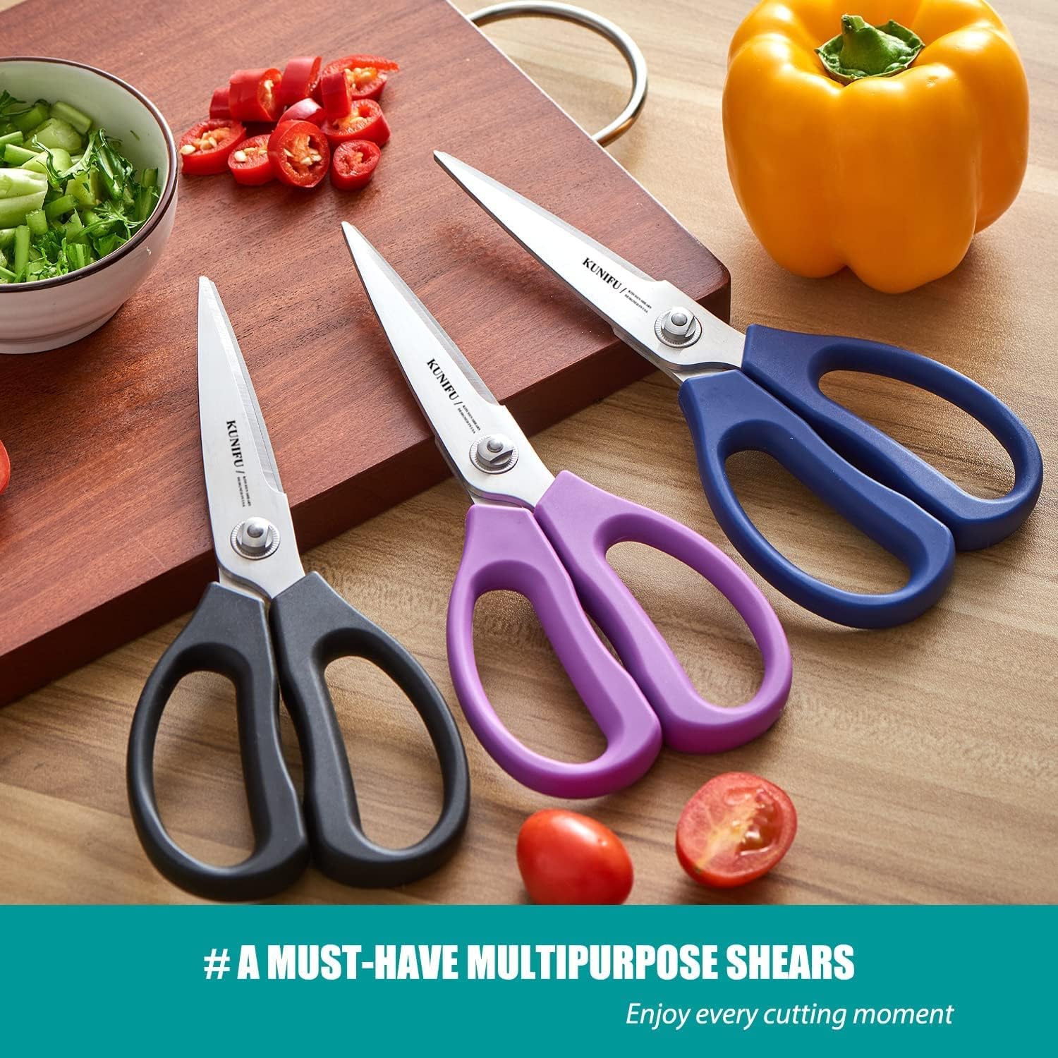 KUNIFU Scissors All Purpose Heavy Duty Mirco-Serrated Blade, Kitchen Shears Dishwasher Safe, Ultra Sharp Stainless Steel Kitchen Gadgets, Cooking Cutter for Chicken, Meat, Poultry, Fish, Herbs, Grape - Image 6