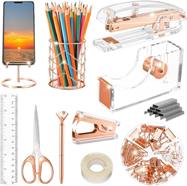 Aibocn Rose Gold Desk Accessories, Office Supplies, Acrylic Stapler, Staple Remover, Tape Holder, Pen 1000pcs Staples, Diamond Pen, Phone Scissors, Binder Clips, Ruler,Transparent Glue