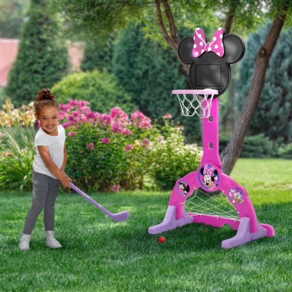 Delta Children Disney Minnie Mouse 4-in-1 Sports Center – Adjustable Easy Score Basketball Hoop, Soccer/Hockey Net and Golf Game, 4 Golf/Hockey Balls, Pink - Image 5