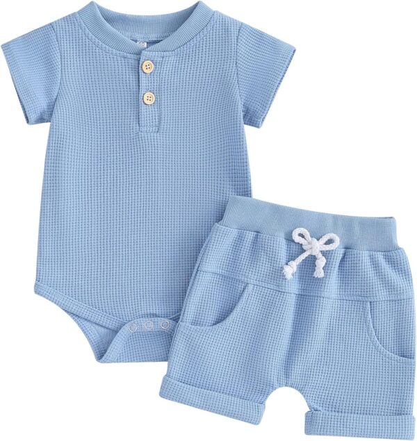 Kuriozud Newborn Baby Boy Summer Clothes Button Short Sleeve Romper Bodysuit Shorts Set Toddler Soft Waffle Outfit