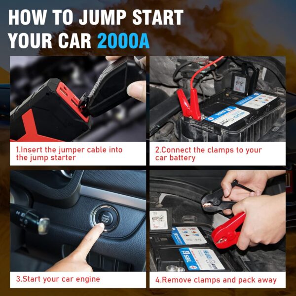 2000A Jump Starter Battery Pack 12V Battery Jumper Starter Portable 20000mAh Car Battery Jump Starter with USB QC 3.0 Car Jumper Starter Portable Car Jump Starter Battery Pack Jumper Cables for Car - Image 7