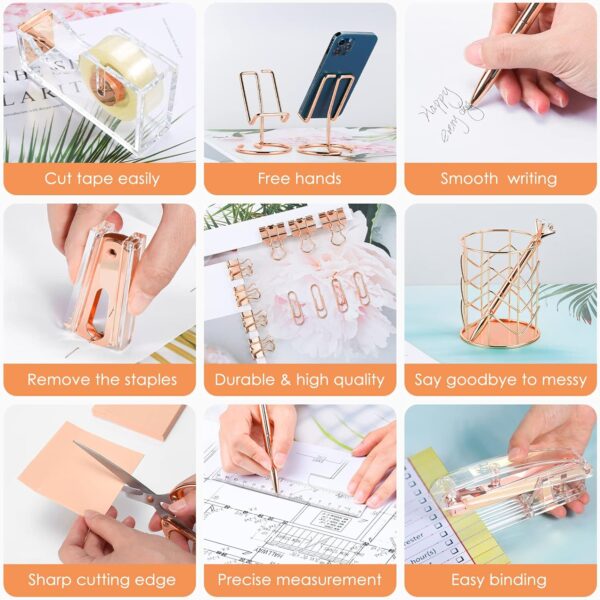 Aibocn Rose Gold Desk Accessories, Office Supplies, Acrylic Stapler, Staple Remover, Tape Holder, Pen 1000pcs Staples, Diamond Pen, Phone Scissors, Binder Clips, Ruler,Transparent Glue - Image 6