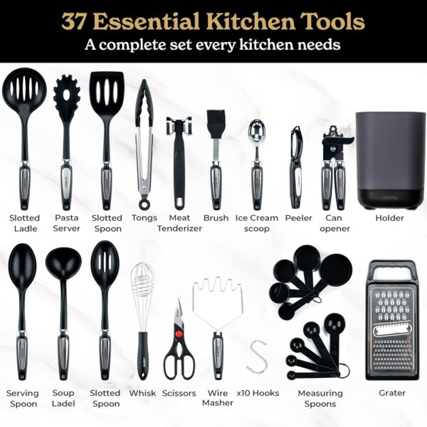 Silicone Kitchen Utensils Set & Holder: Cooking Utensils Set - Kitchen Essentials for New Home & 1st Apartment- Silicone Spatula Set, Cooking Spoons for Nonstick Cookware (Stainless Steel, Black) - Image 2