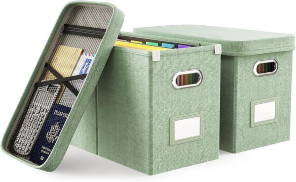 Oterri Hanging Filing File Box with Mesh Pocket, File Organizer Box with Lid, Collapsible Document Organizer Box for Letter Size, Easy Slide Durable Storage Box for Office/Decor/Home (2 PCS, Green)