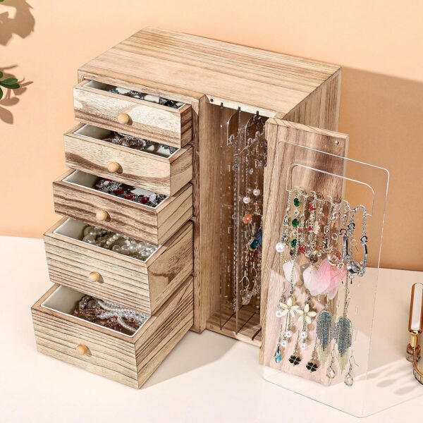 Homde Wood Jewelry Organizer 5 Layer Jewelry Box for Rings, Necklaces, Earrings, Bracelets, Watches Rustic Jewelry Boxes & Organizers for Women - Image 9