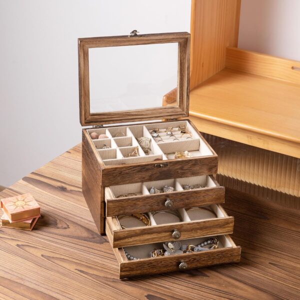 Frebeauty Wooden Jewelry Box 4 Layer Vintage Jewelry Organizer with Clear Lid Rustic Wood Jewelry Holder Jewelry Case for Rings Bracelets Brooches Jewelry Storage(Moderate Carbonization) - Image 5