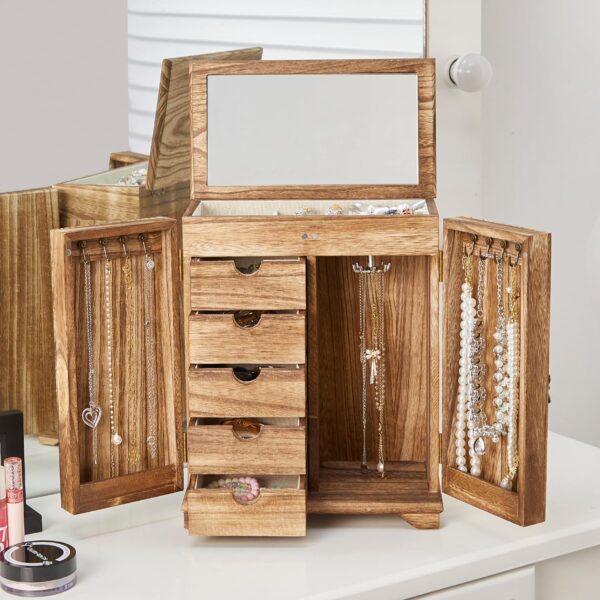 Jewelry Boxes for Women Girls, Large Wood Jewelry Box with mirror Drawer, 6-Layer Standing Rustic Jewelry Boxes & Organizers for Earrings Necklaces Ring Watch