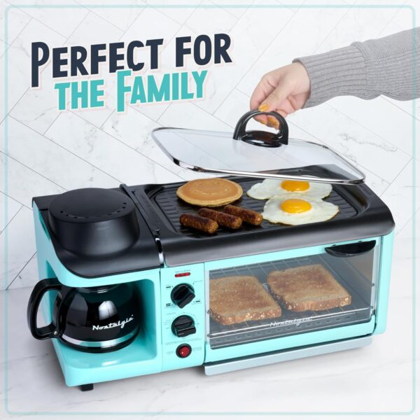 Nostalgia Retro 3-in-1 Family Size Electric Breakfast Station, Non Stick Die Cast Grill/Griddle, 4 Slice Toaster Oven, Coffee Maker, Aqua - Image 7