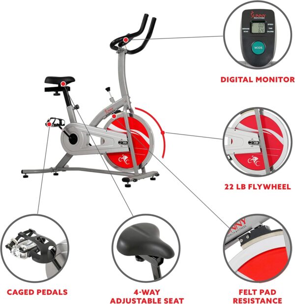 Sunny Health & Fitness Indoor Cycling Resistance Exercise Bike w/Optional Dumbbell Holder & Connected Fitness - Image 3