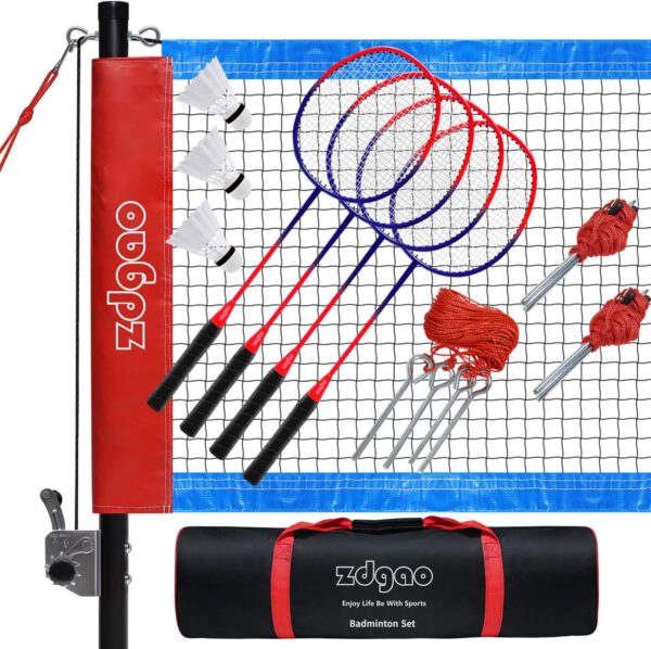 Zdgao Badminton Sets for Backyards with Net | Portable Badminton Net with Winch System, Aluminum Badminton Rackets Set of 4, 3 Nylon Shuttlecocks, Boundary Line and Durable Carrying Bag