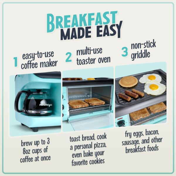 Nostalgia Retro 3-in-1 Family Size Electric Breakfast Station, Non Stick Die Cast Grill/Griddle, 4 Slice Toaster Oven, Coffee Maker, Aqua - Image 3