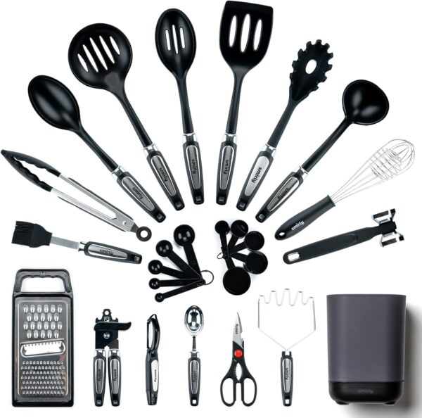 Silicone Kitchen Utensils Set & Holder: Cooking Utensils Set - Kitchen Essentials for New Home & 1st Apartment- Silicone Spatula Set, Cooking Spoons for Nonstick Cookware (Stainless Steel, Black)