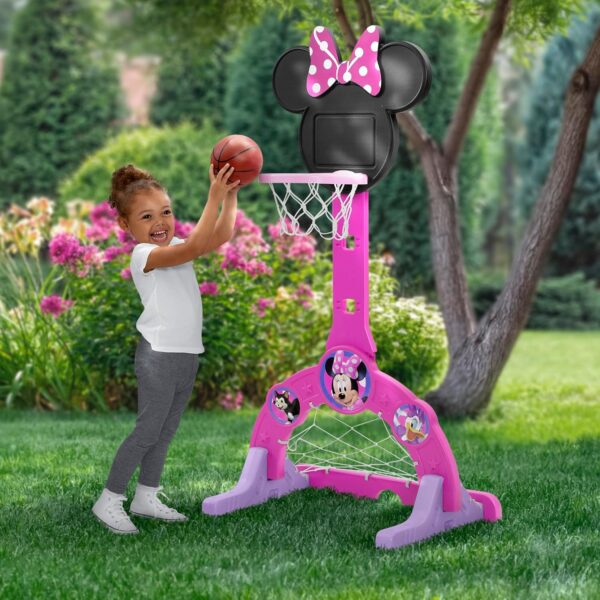 Delta Children Disney Minnie Mouse 4-in-1 Sports Center – Adjustable Easy Score Basketball Hoop, Soccer/Hockey Net and Golf Game, 4 Golf/Hockey Balls, Pink - Image 2