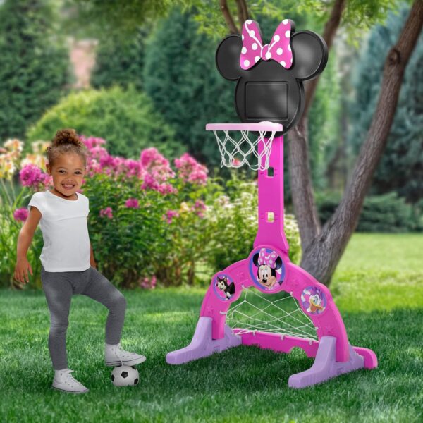 Delta Children Disney Minnie Mouse 4-in-1 Sports Center – Adjustable Easy Score Basketball Hoop, Soccer/Hockey Net and Golf Game, 4 Golf/Hockey Balls, Pink - Image 3