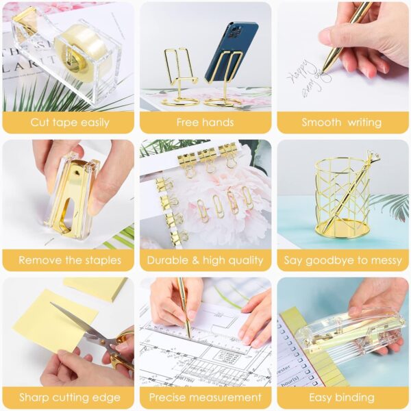 Aibocn Gold Desk Accessories, Office Supplies, Acrylic Stapler, Staple Remover, Tape Holder, Pen Holder, 1000pcs Staples, Diamond Pen, Phone Holder, Scissors, Binder Clips and Ruler, Transparent Glue - Image 6