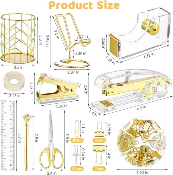 Aibocn Gold Desk Accessories, Office Supplies, Acrylic Stapler, Staple Remover, Tape Holder, Pen Holder, 1000pcs Staples, Diamond Pen, Phone Holder, Scissors, Binder Clips and Ruler, Transparent Glue - Image 2