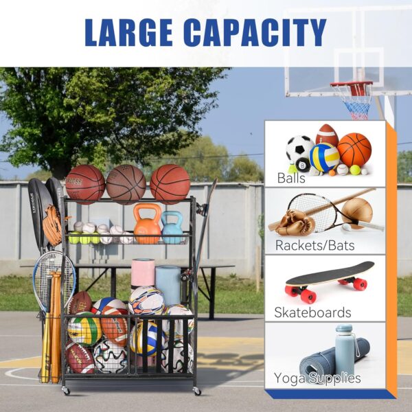 Mythinglogic Garage Sports Equipment Organizer, Ball Storage Garage Large Capacity, Sports Organizer for Garage with Hooks and Baskets, Ball Organizer for Garage for Football, Soccer Ball, Bat, Toys - Image 2