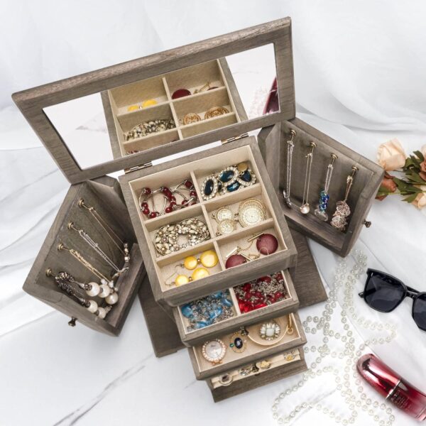 Jewelry Box for Women, Rustic Wooden Jewelry Boxes & Organizers with Mirror, 4 Layer Jewelry Organizer Box Display for Rings Earrings Necklaces Bracelets (Weathered Gray) - Image 3