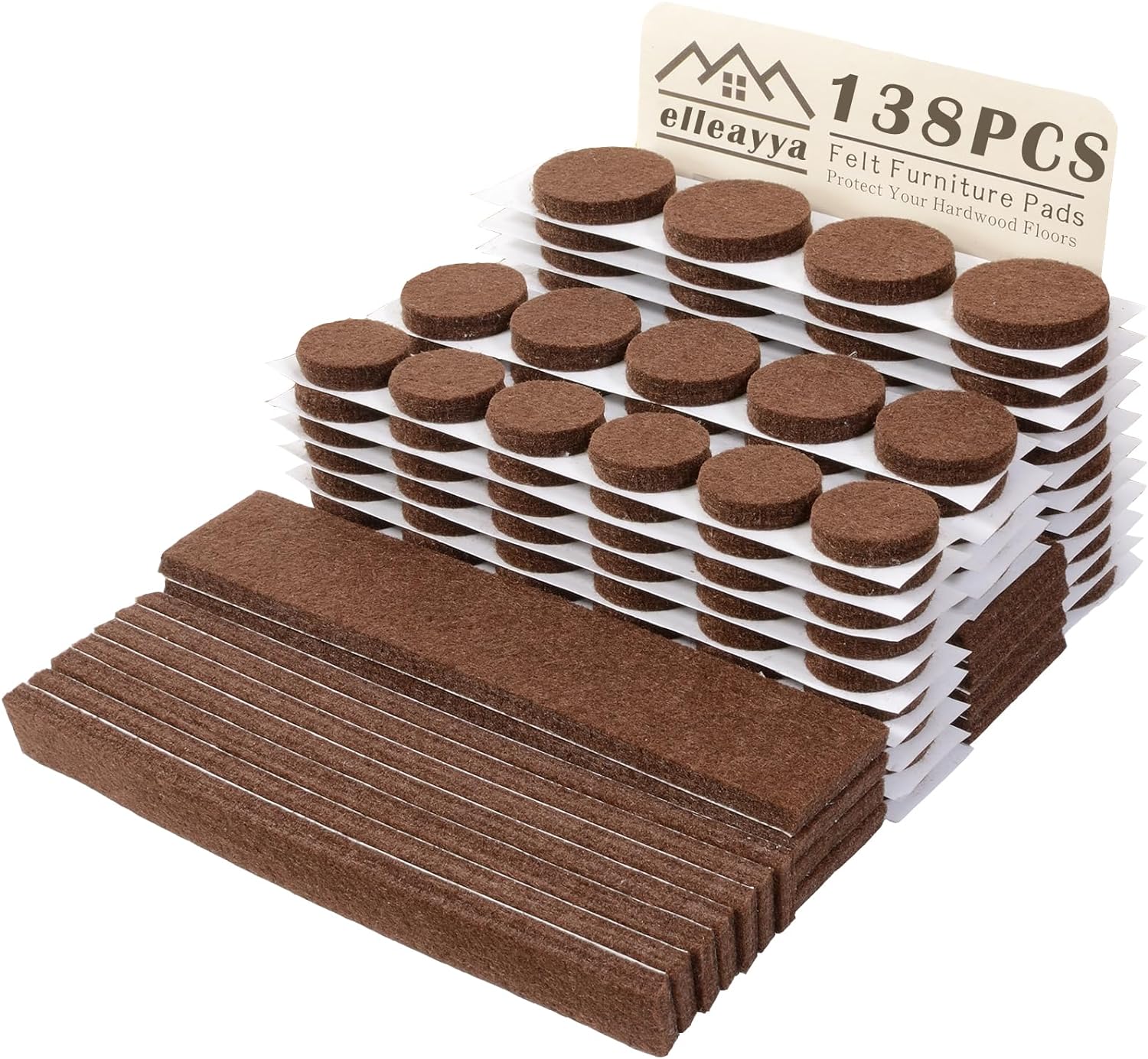 elleayya Felt Furniture Pads for Hardwood Floors,138PCS Felt Pads for Furniture Include 3/4",7/8",1" Round for Chair Felt Pads and 1/2", 1",1 1/4" Felt Strip for DIY!Brown