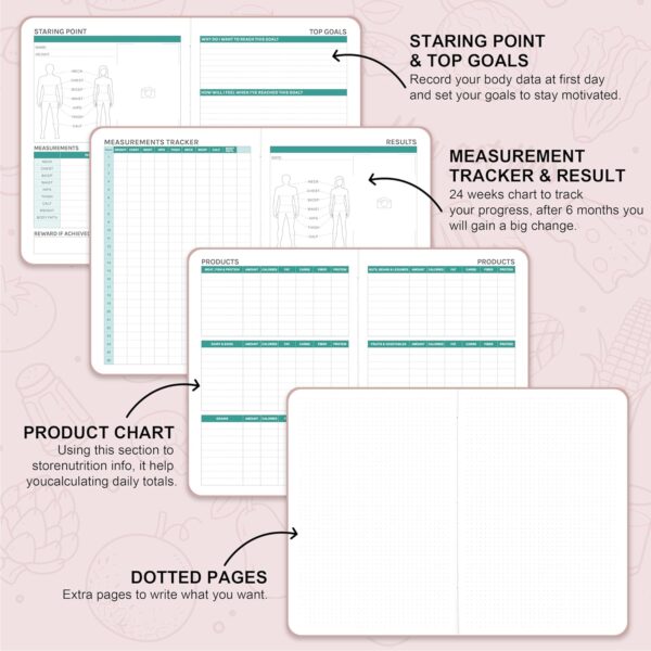 Food Journal - Journal for Women Weight Loss, 5.8" x 8.3", 6 Months Meal Planner to Count Calories Health Journal for Women/Men, Keep Healthy Diet & Achieve Fitness Goals - Rose Gold - Image 5