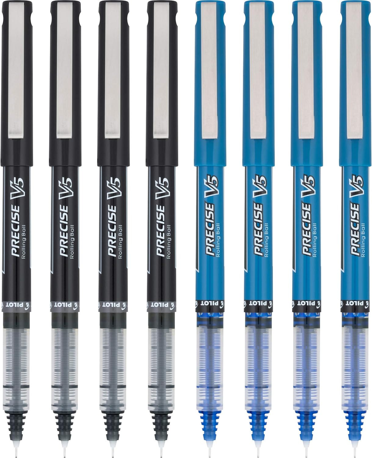 Pilot, Precise V5, Capped Liquid Ink Rolling Ball Pens, Extra Fine Point 0.5 mm, Blue/Black, Pack of 8