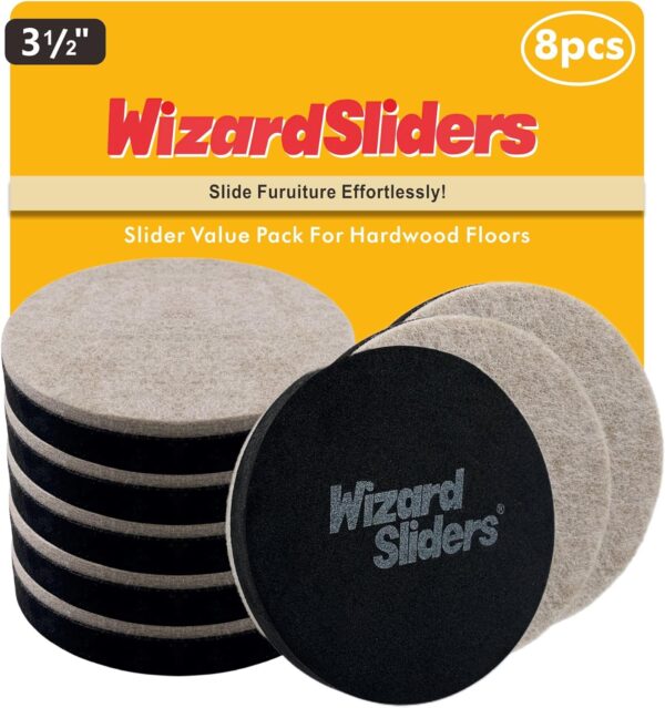 WIZARD SLIDERS Felt Furniture Sliders for Hardwood Floors, 8pcs 3-1/2 inch Furniture Moving Sliders Heavy Duty Movers for Hard Surfaces, Floor Protector to Move Your Furniture Easily