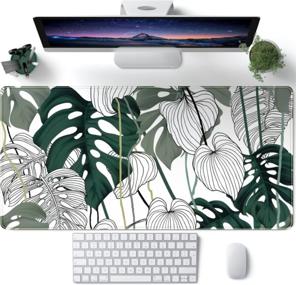 Desk Mat Green Plant Leaf Large Mouse Pad Desk Pad Tropical Boho Desk Accessories for Women Office Decor Laptop Keyboard Mouse Mat XXL Mousepad 31.5''X15.7'' Non-Slip Rubber Base with Stitched Edges