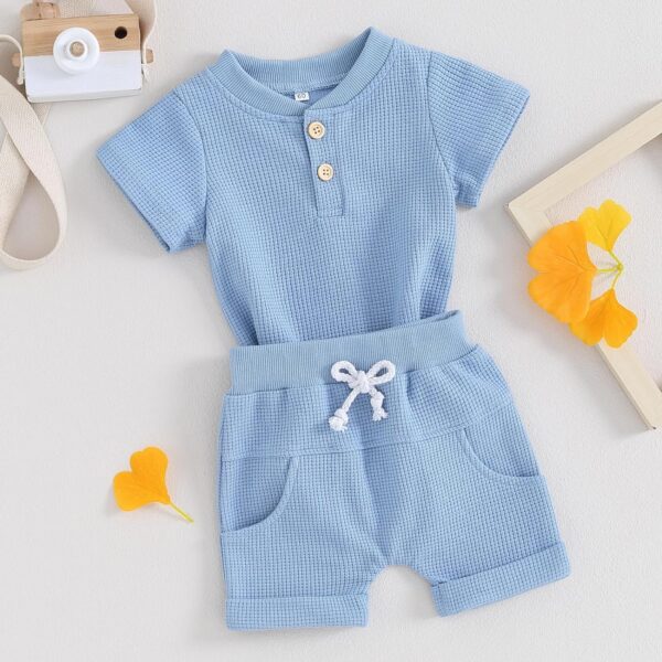 Kuriozud Newborn Baby Boy Summer Clothes Button Short Sleeve Romper Bodysuit Shorts Set Toddler Soft Waffle Outfit - Image 2