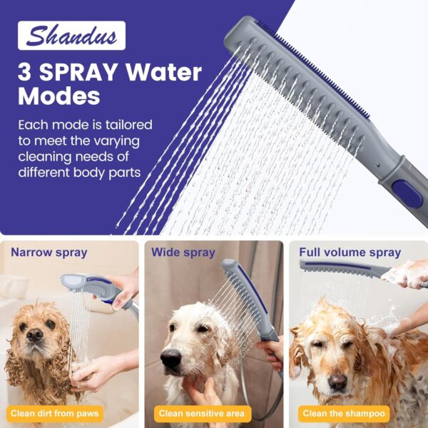 Shandus Professional Dog Shower Head, Dog Shower Attachment, Pet Shower Head for Dogs, Indoor Outdoor Dog Bath Wand Sprayer Includes 8-Foot Flex Hose, 3 Spraying Mode On/Off - Image 2