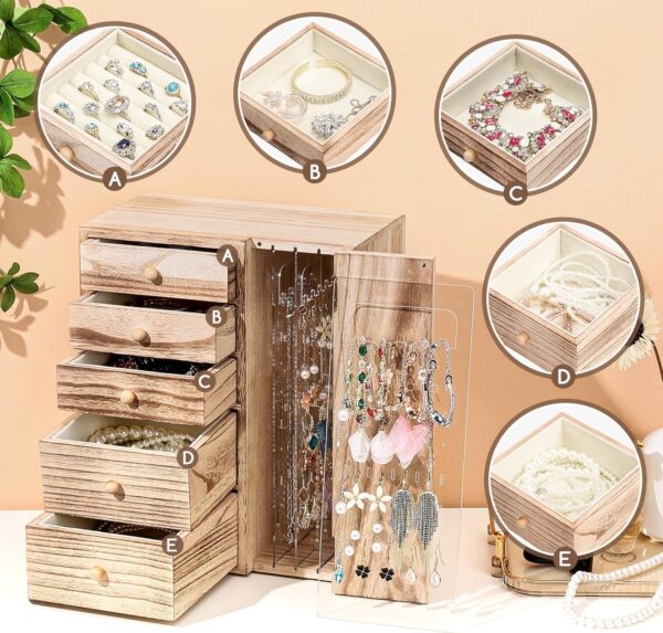 Homde Wood Jewelry Organizer 5 Layer Jewelry Box for Rings, Necklaces, Earrings, Bracelets, Watches Rustic Jewelry Boxes & Organizers for Women - Image 3